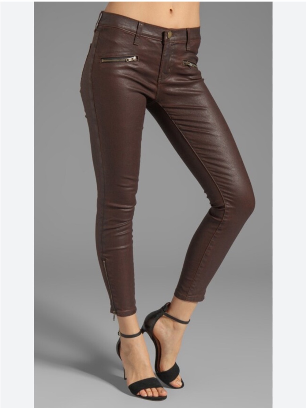 Current/Elliott The Soho Zip Stiletto Brown Coated Skinny Jeans Size 25 Moto
